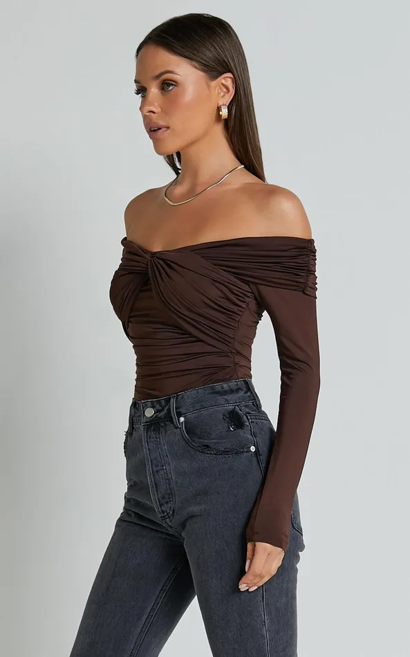 Showpo Shamaira Bodysuit 8211 Twist Front Off Shoulder Long Sleeve In Brown Women Curve Clothes