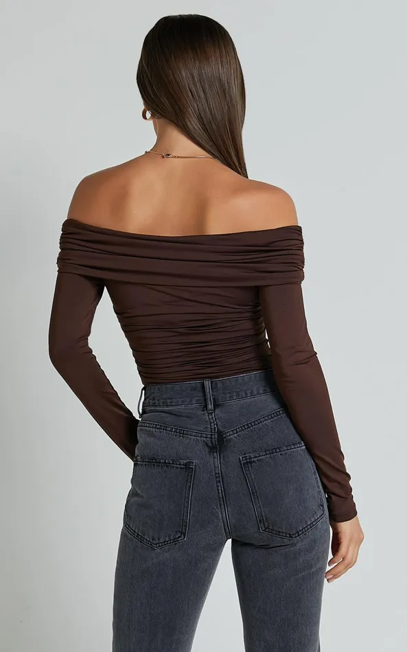 Showpo Shamaira Bodysuit 8211 Twist Front Off Shoulder Long Sleeve In Brown Women Curve Clothes