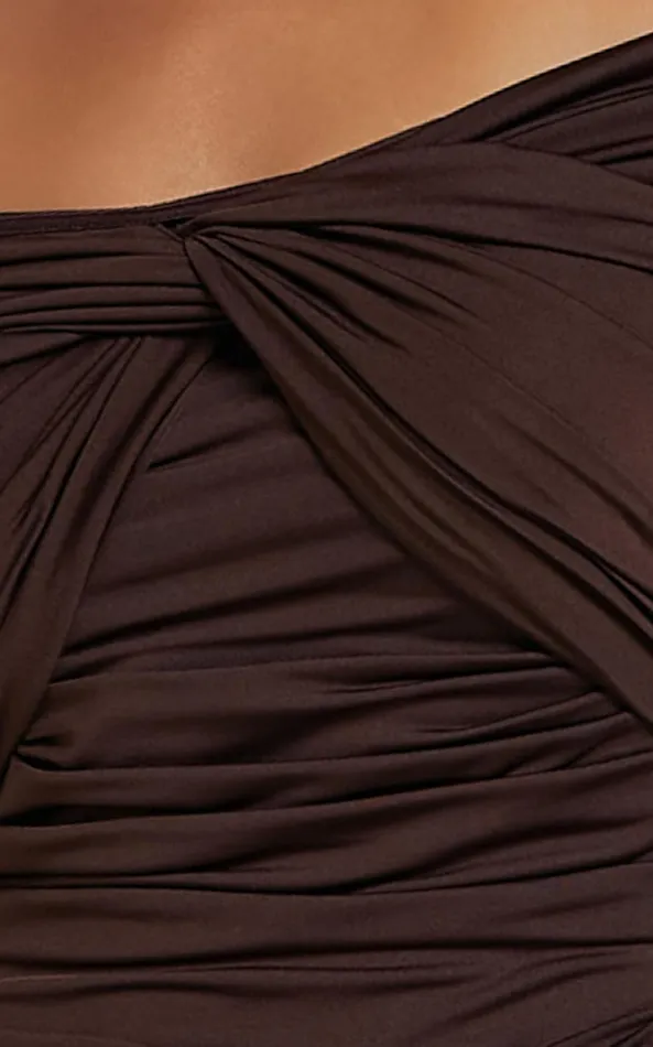 Showpo Shamaira Bodysuit 8211 Twist Front Off Shoulder Long Sleeve In Brown Women Curve Clothes