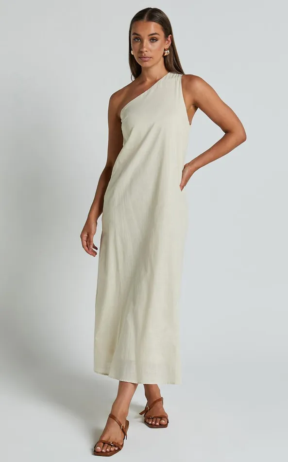 Showpo Shammae Midi Dress 8211 One Shoulder Linen Sleeveless Dress In Beige Women Dresses Showpo Shammae Midi Dress 8211 One Shoulder Linen Sleeveless Dress In Beige Women Dresses
