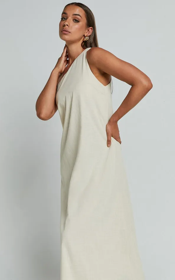 Showpo Shammae Midi Dress 8211 One Shoulder Linen Sleeveless Dress In Beige Women Dresses