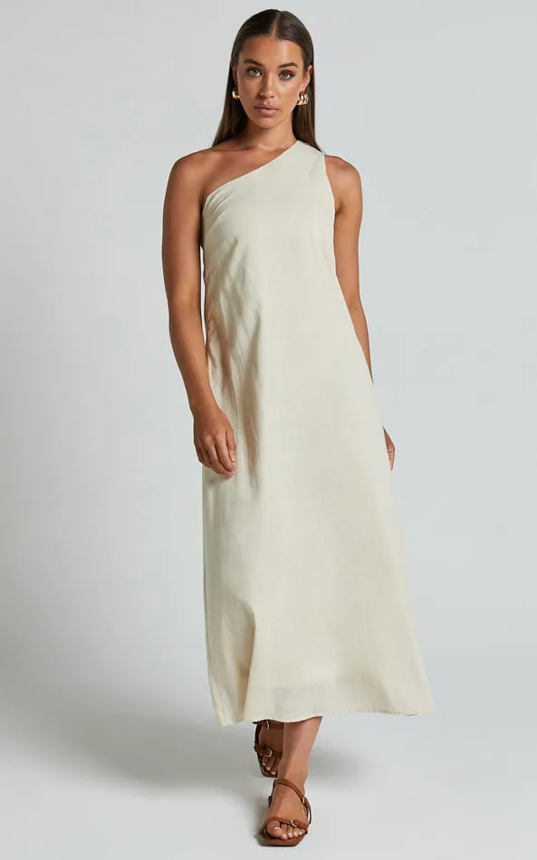 Showpo Shammae Midi Dress 8211 One Shoulder Linen Sleeveless Dress In Beige Women Dresses