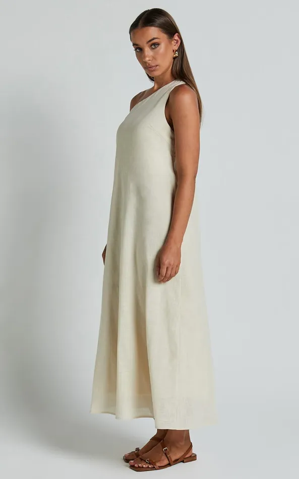 Showpo Shammae Midi Dress 8211 One Shoulder Linen Sleeveless Dress In Beige Women Dresses