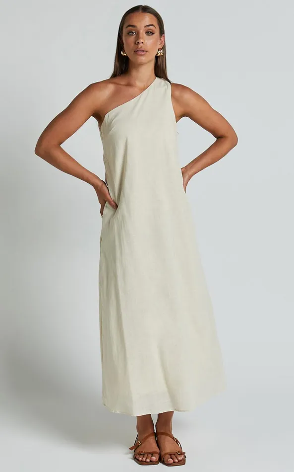 Showpo Shammae Midi Dress 8211 One Shoulder Linen Sleeveless Dress In Beige Women Dresses