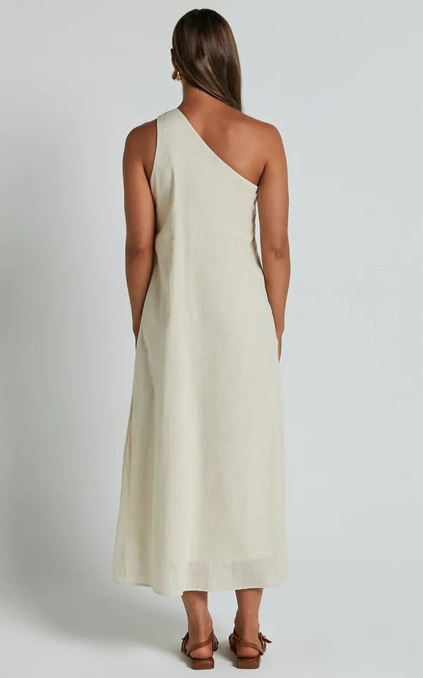 Showpo Shammae Midi Dress 8211 One Shoulder Linen Sleeveless Dress In Beige Women Dresses