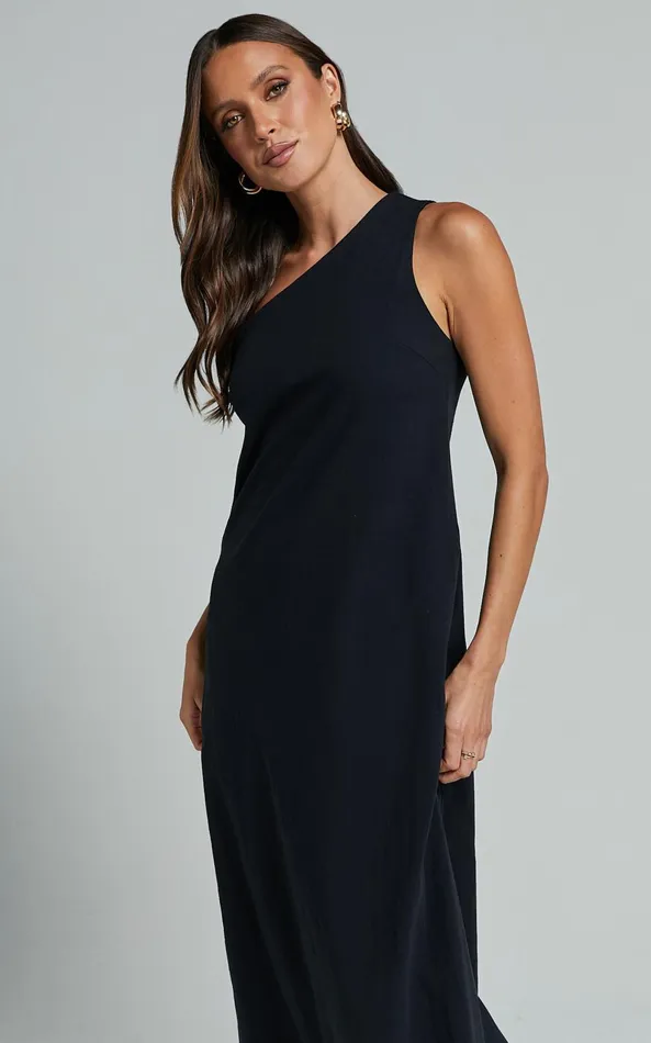 Showpo Shammae Midi Dress 8211 One Shoulder Sleeveless Dress In Black Women Dresses