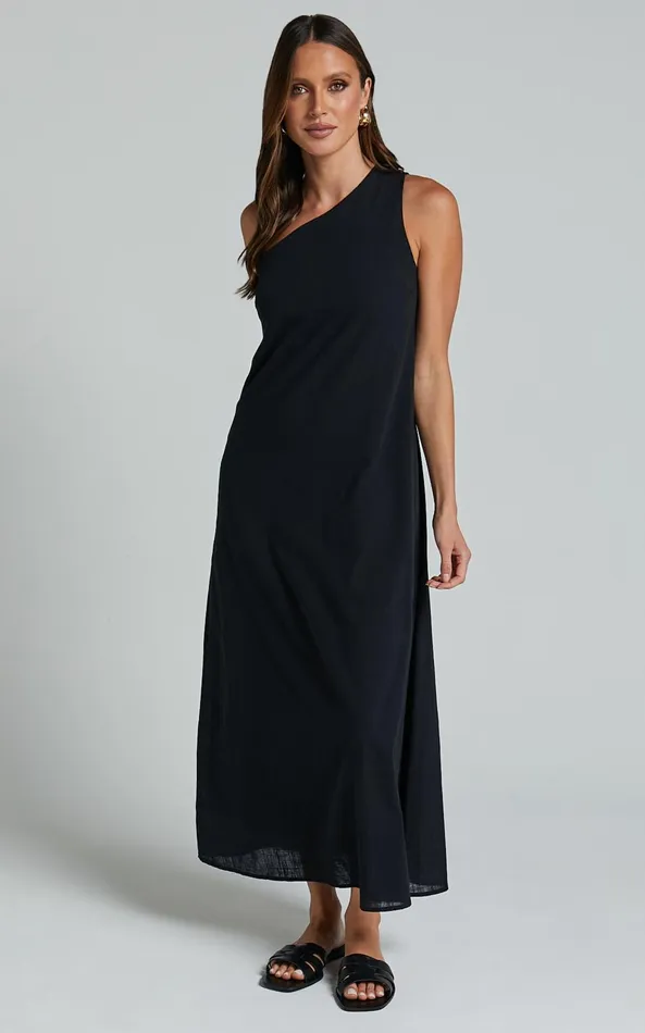 Showpo Shammae Midi Dress 8211 One Shoulder Sleeveless Dress In Black Women Dresses
