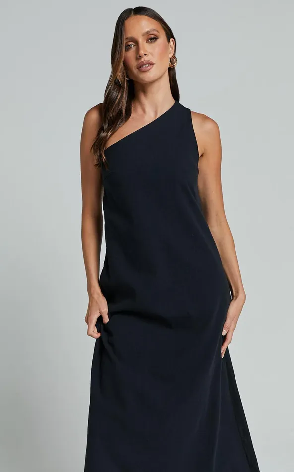 Showpo Shammae Midi Dress 8211 One Shoulder Sleeveless Dress In Black Women Dresses