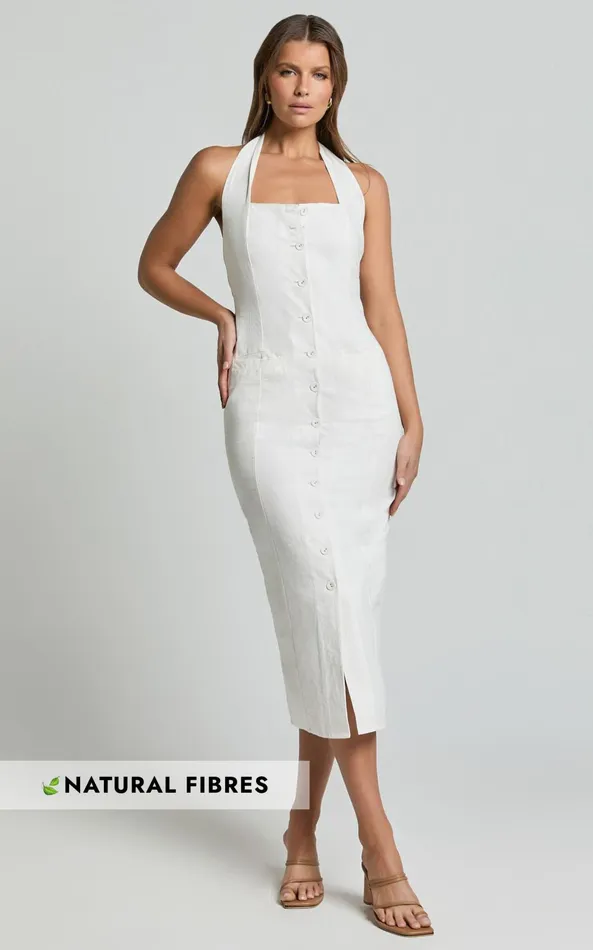Showpo Shane Midi Dress 8211 Button Through Halter Slip Dress In White Women Dresses