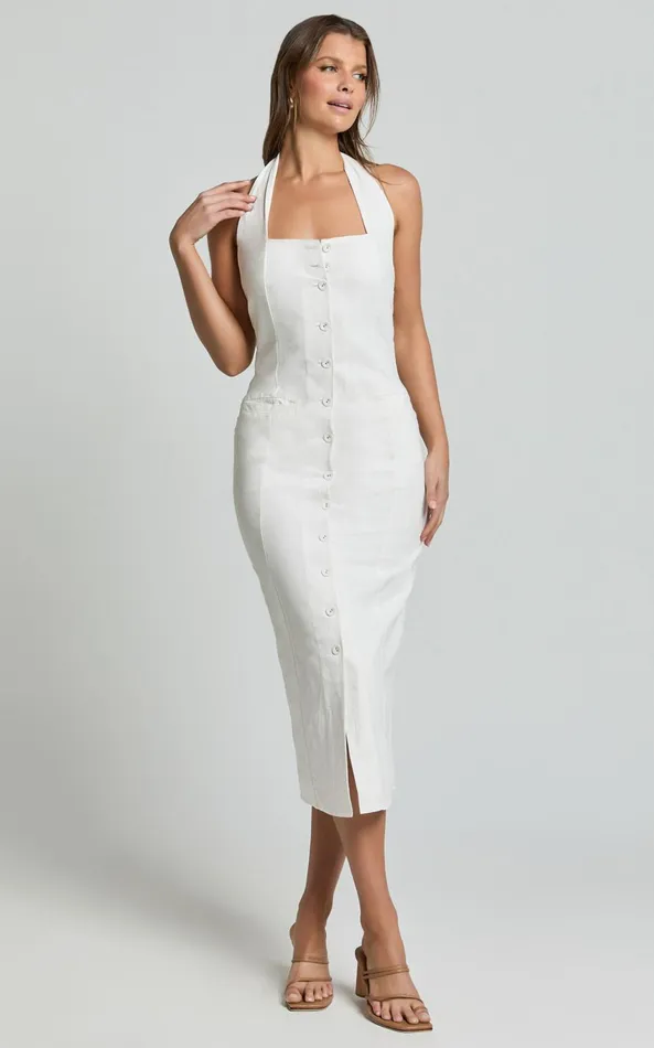 Showpo Shane Midi Dress 8211 Button Through Halter Slip Dress In White Women Dresses