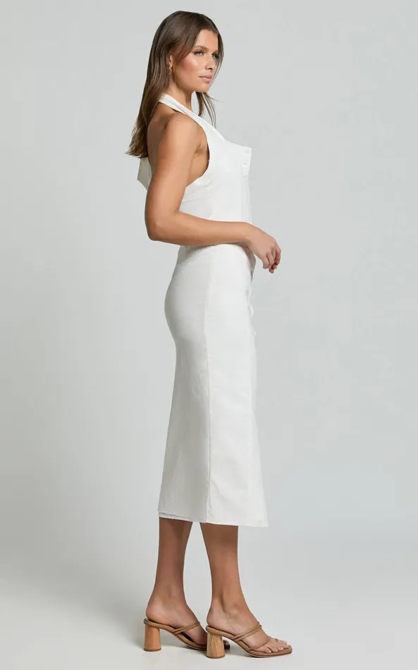 Showpo Shane Midi Dress 8211 Button Through Halter Slip Dress In White Women Dresses