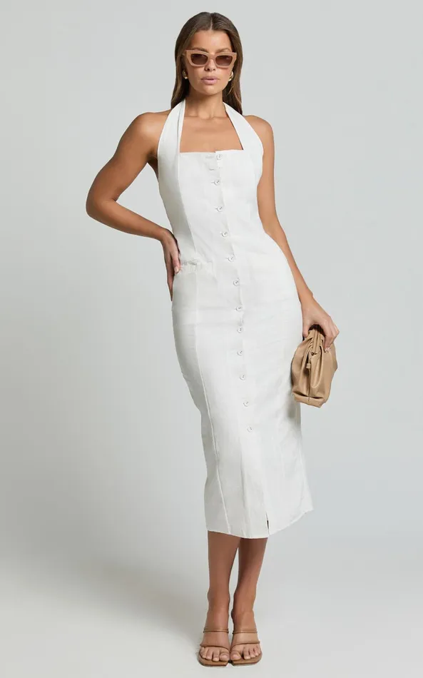 Showpo Shane Midi Dress 8211 Button Through Halter Slip Dress In White Women Dresses