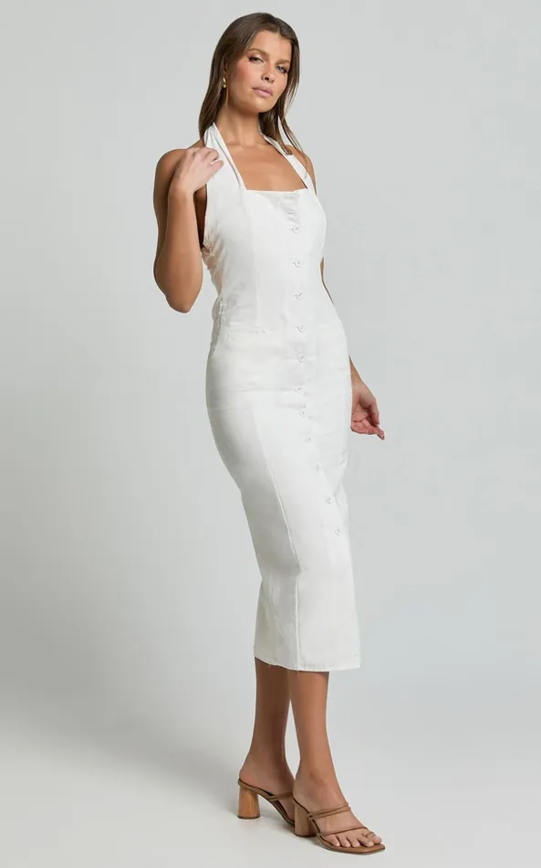 Showpo Shane Midi Dress 8211 Button Through Halter Slip Dress In White Women Dresses