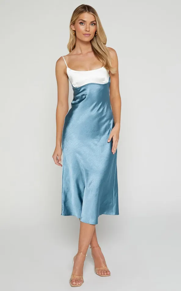Showpo Shantelle Midi Dress 8211 Satin Slip Contrast Bust Dress In Steel Blue Women Dresses