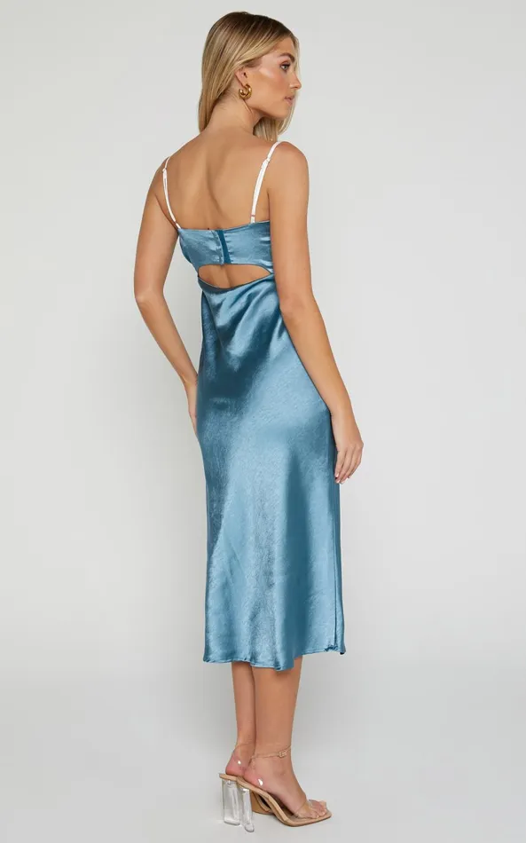 Showpo Shantelle Midi Dress 8211 Satin Slip Contrast Bust Dress In Steel Blue Women Dresses