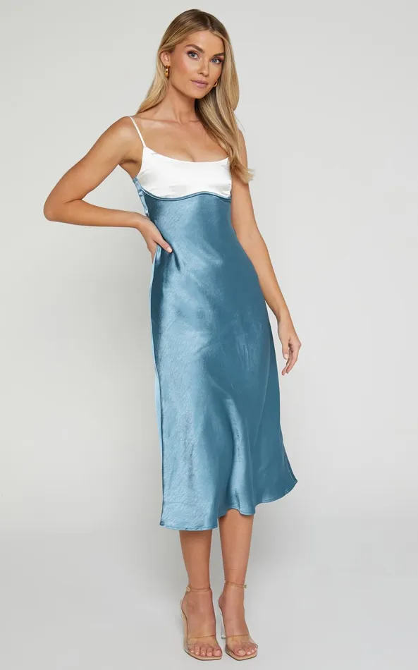 Showpo Shantelle Midi Dress 8211 Satin Slip Contrast Bust Dress In Steel Blue Women Dresses