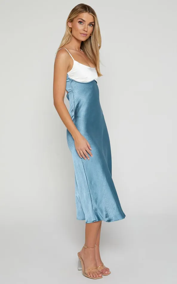 Showpo Shantelle Midi Dress 8211 Satin Slip Contrast Bust Dress In Steel Blue Women Dresses