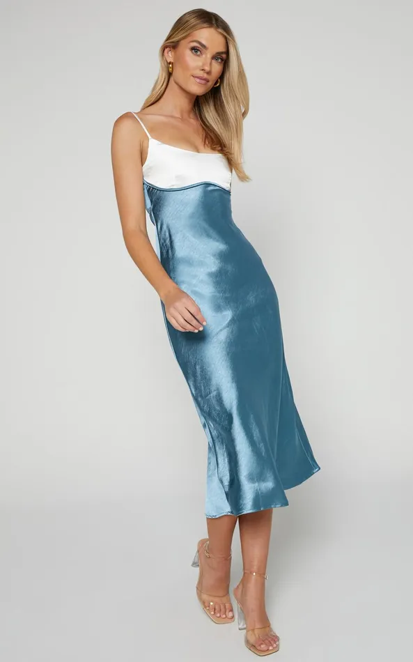 Showpo Shantelle Midi Dress 8211 Satin Slip Contrast Bust Dress In Steel Blue Women Dresses
