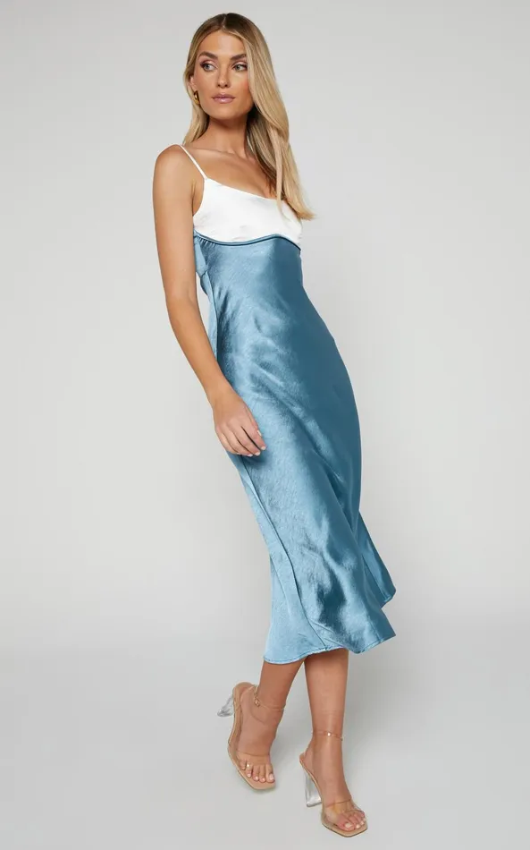 Showpo Shantelle Midi Dress 8211 Satin Slip Contrast Bust Dress In Steel Blue Women Dresses