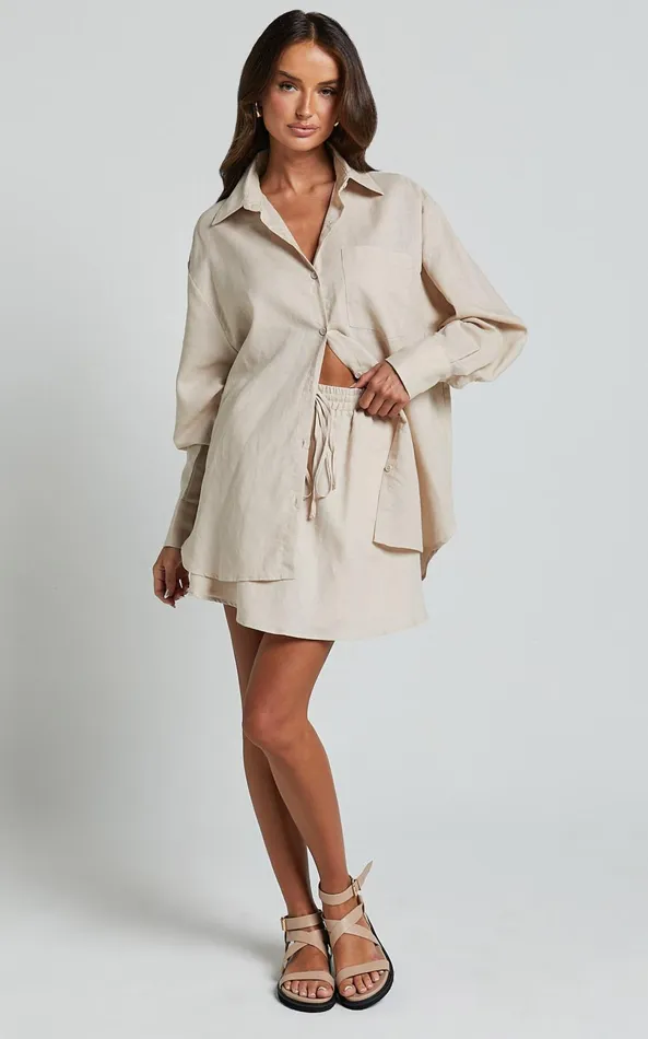 Showpo Sharai Mini Skirt 8211 Linen Look High Waisted Drawstring Skirt In Oatmeal Women Skirts