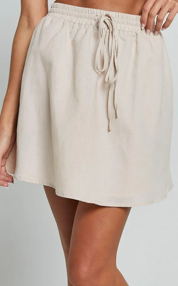 Showpo Sharai Mini Skirt 8211 Linen Look High Waisted Drawstring Skirt In Oatmeal Women Skirts