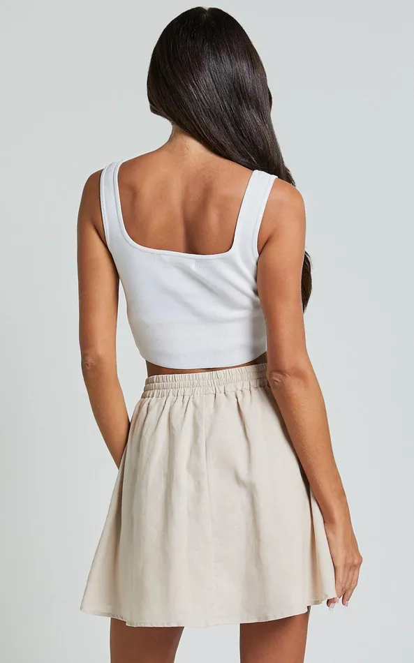 Showpo Sharai Mini Skirt 8211 Linen Look High Waisted Drawstring Skirt In Oatmeal Women Skirts