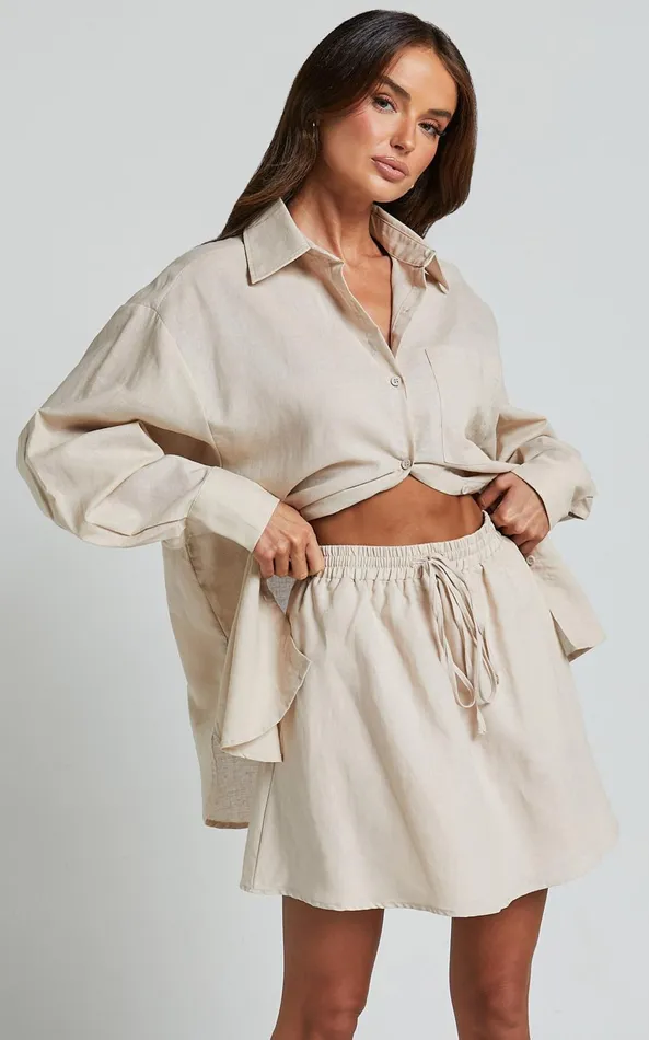 Showpo Sharai Mini Skirt 8211 Linen Look High Waisted Drawstring Skirt In Oatmeal Women Skirts
