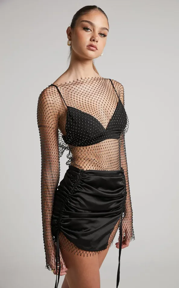 Showpo Sharlize Mini Dress 8211 Diamante Mesh Long Sleeve Dress In Black Women Dresses