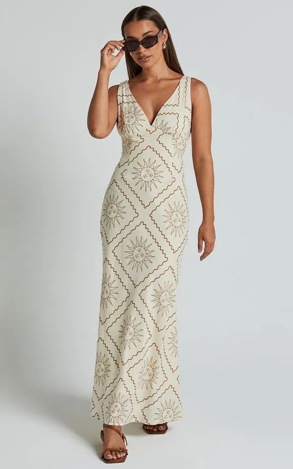 Showpo Sharlyn Midi Dress 8211 Deep V Neck Sleeveless Slip Dress In Beige Sun Print Women Dresses Showpo Sharlyn Midi Dress 8211 Deep V Neck Sleeveless Slip Dress In Beige Sun Print Women Dresses