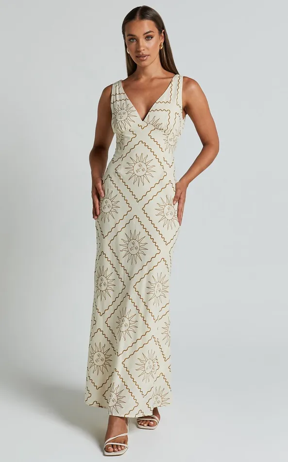 Showpo Sharlyn Midi Dress 8211 Deep V Neck Sleeveless Slip Dress In Beige Sun Print Women Dresses