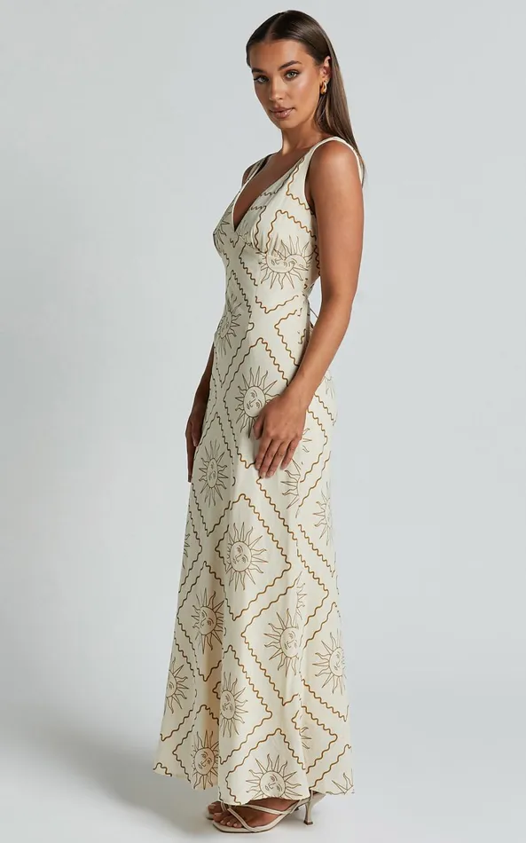 Showpo Sharlyn Midi Dress 8211 Deep V Neck Sleeveless Slip Dress In Beige Sun Print Women Dresses