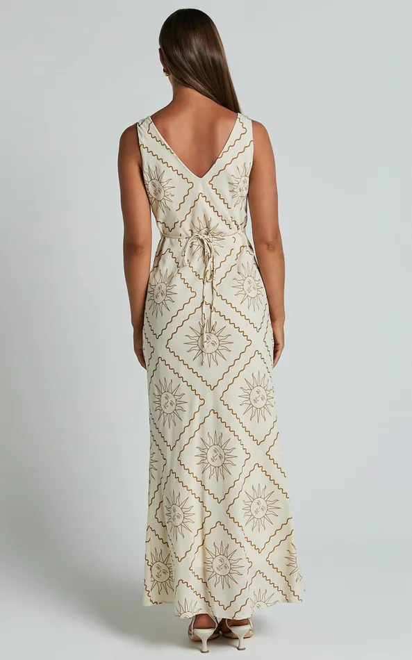 Showpo Sharlyn Midi Dress 8211 Deep V Neck Sleeveless Slip Dress In Beige Sun Print Women Dresses