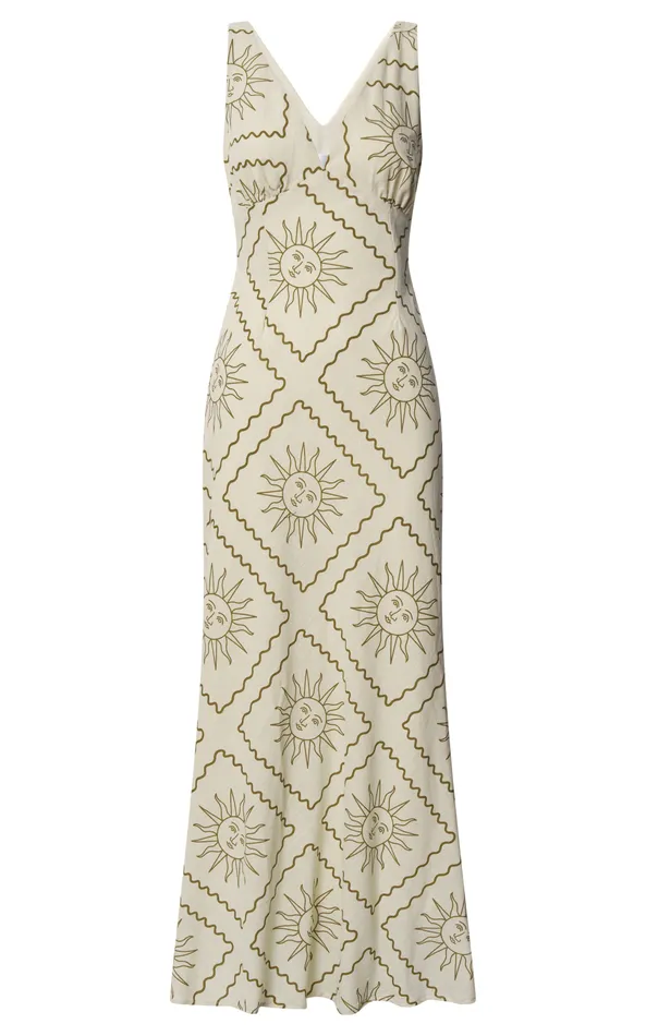 Showpo Sharlyn Midi Dress 8211 Deep V Neck Sleeveless Slip Dress In Beige Sun Print Women Dresses