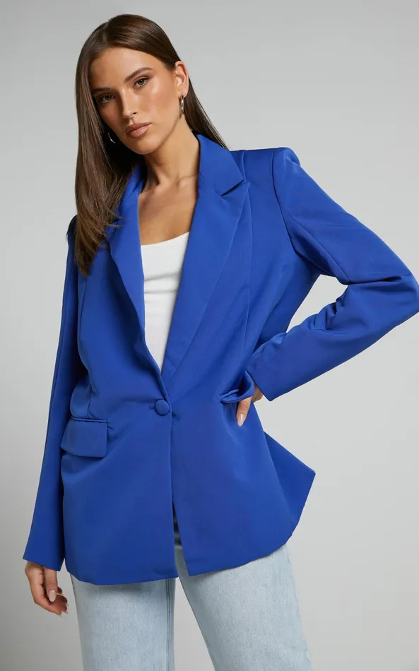 Showpo Sharmiel Blazer 8211 Plunge Neck Oversized Longline Blazer In Cobalt Blue Women Jackets and Coats