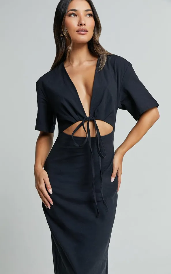Showpo Sharon Midi Dress 8211 Plunge Neck Short Sleeve Front Cut Out Dress In Black Women Dresses