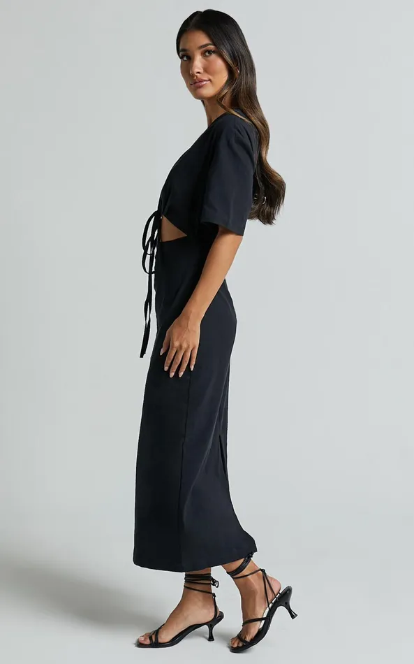 Showpo Sharon Midi Dress 8211 Plunge Neck Short Sleeve Front Cut Out Dress In Black Women Dresses