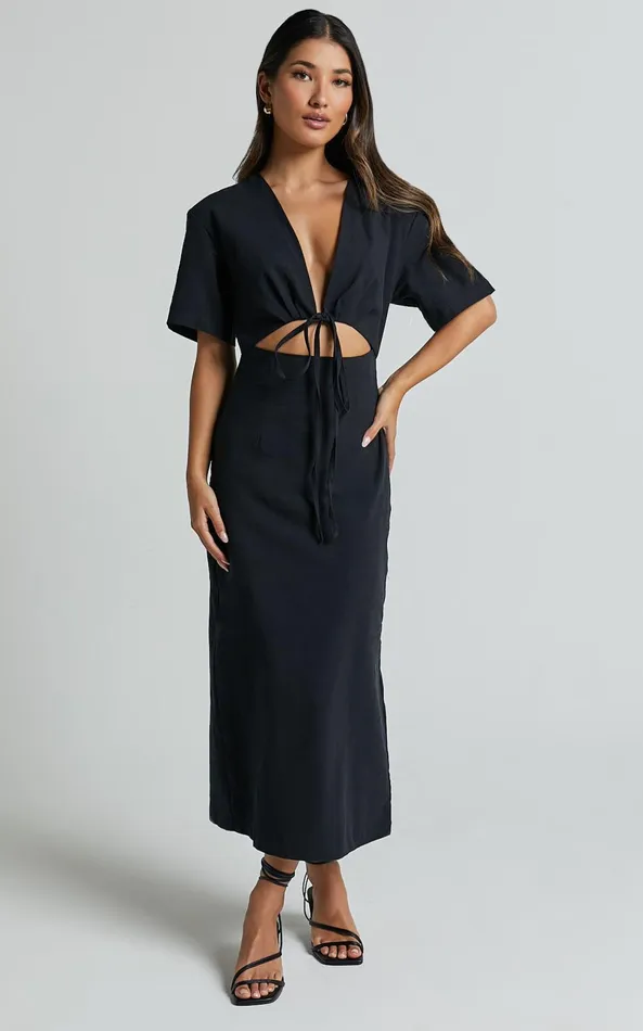 Showpo Sharon Midi Dress 8211 Plunge Neck Short Sleeve Front Cut Out Dress In Black Women Dresses
