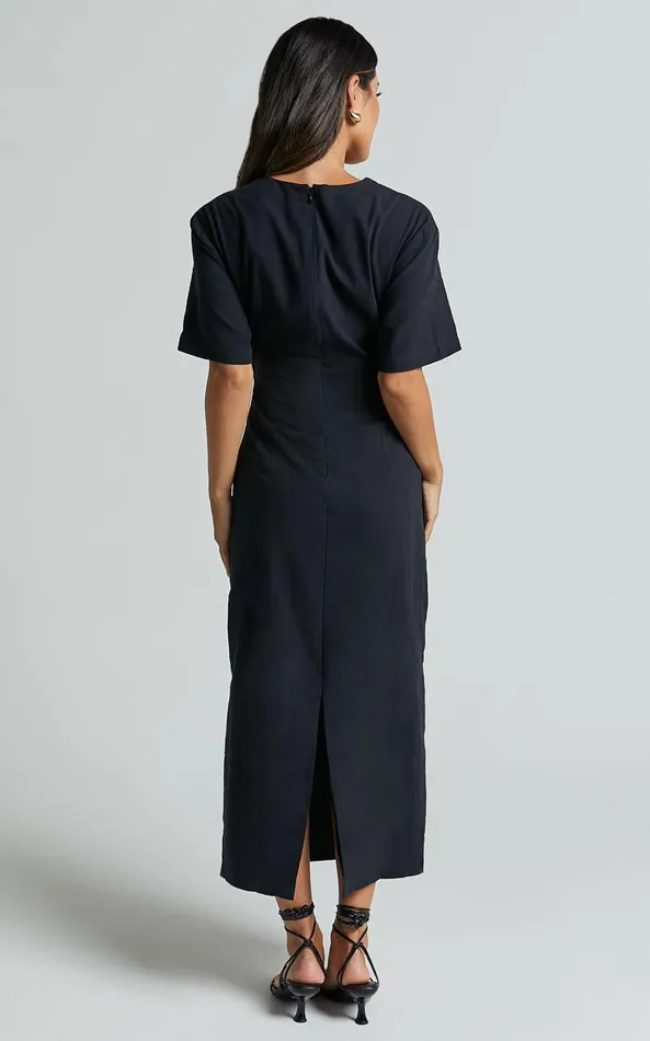 Showpo Sharon Midi Dress 8211 Plunge Neck Short Sleeve Front Cut Out Dress In Black Women Dresses