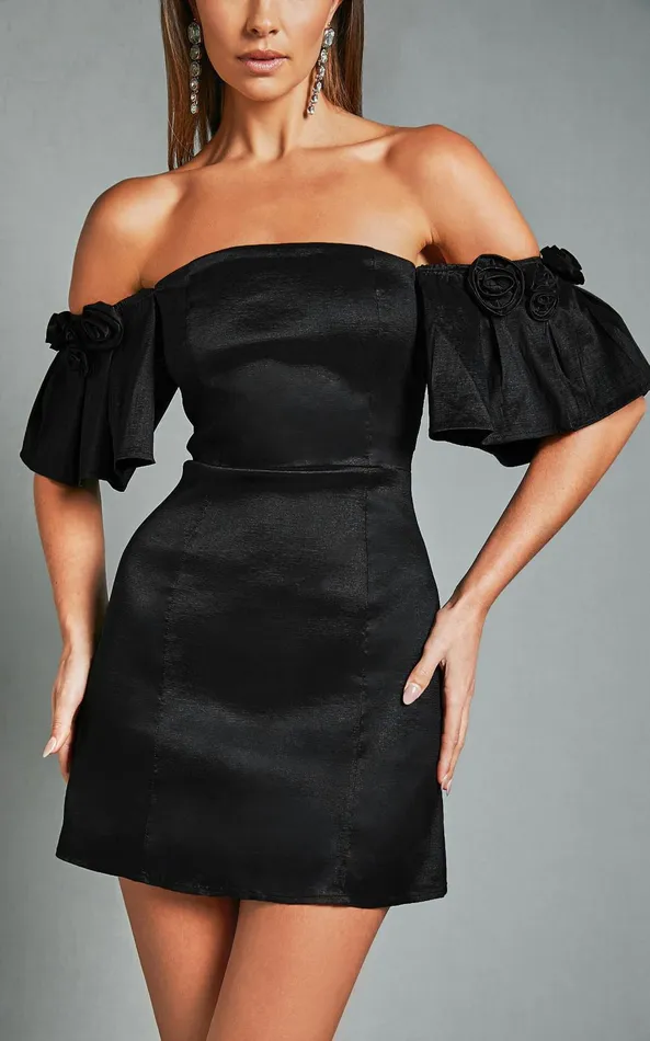 Showpo Shauna Mini Dress 8211 Off Shoulder Rosette Detail A Line In Black Women Dresses Showpo Shauna Mini Dress 8211 Off Shoulder Rosette Detail A Line In Black Women Dresses