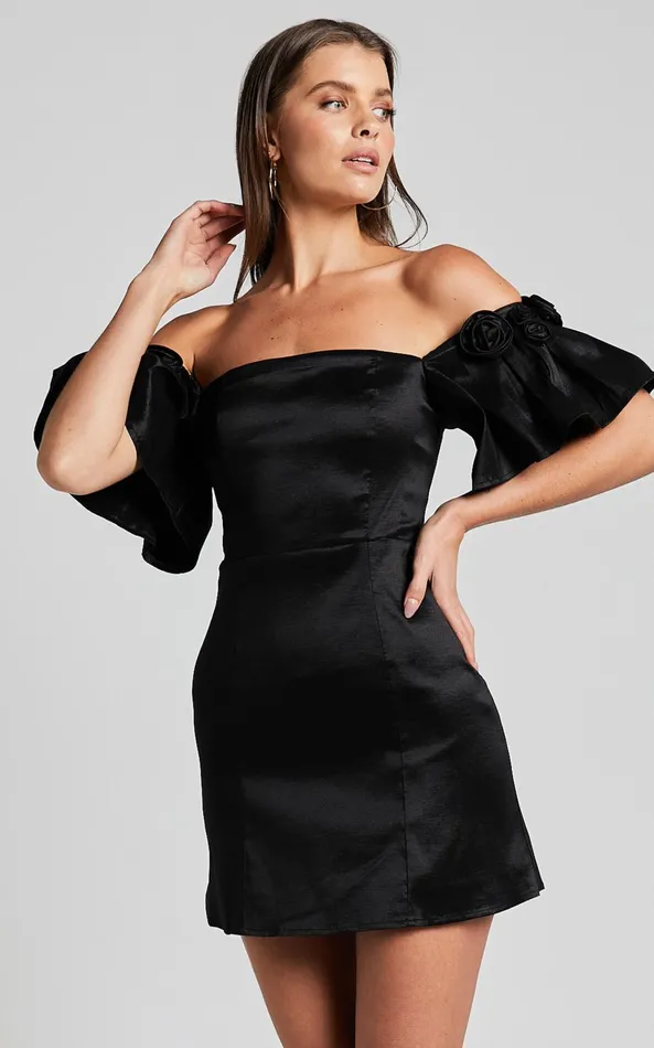 Showpo Shauna Mini Dress 8211 Off Shoulder Rosette Detail A Line In Black Women Dresses
