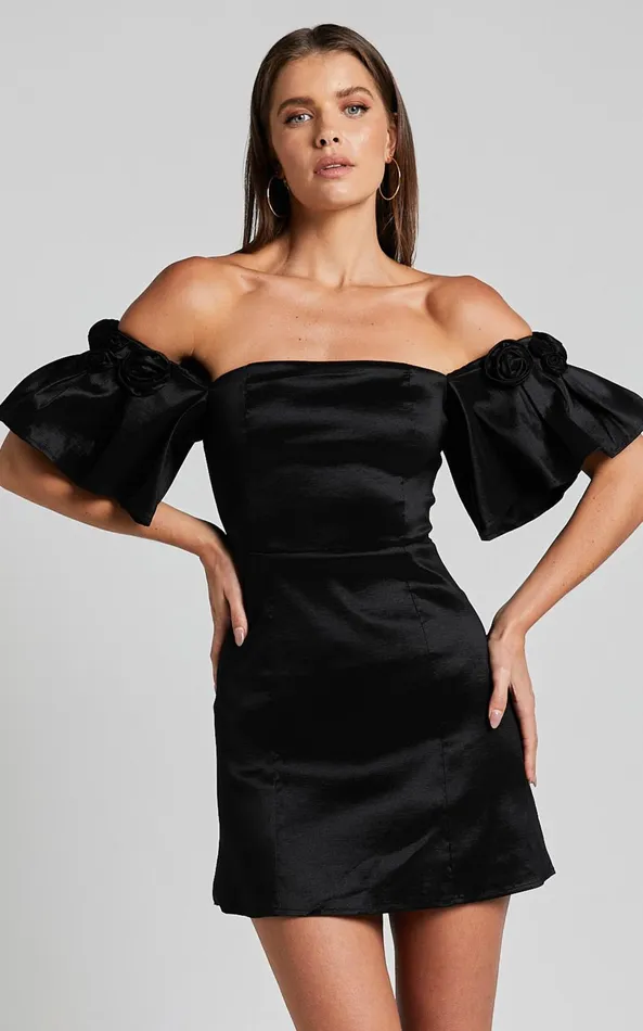 Showpo Shauna Mini Dress 8211 Off Shoulder Rosette Detail A Line In Black Women Dresses