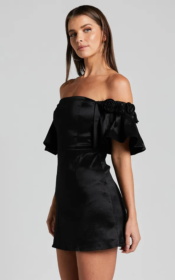Showpo Shauna Mini Dress 8211 Off Shoulder Rosette Detail A Line In Black Women Dresses