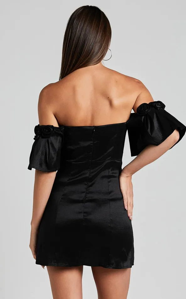 Showpo Shauna Mini Dress 8211 Off Shoulder Rosette Detail A Line In Black Women Dresses