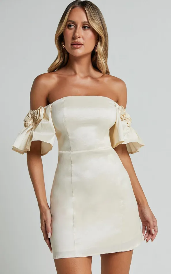 Showpo Shauna Mini Dress 8211 Off Shoulder Rosette Detail A Line In Oyster Women Dresses