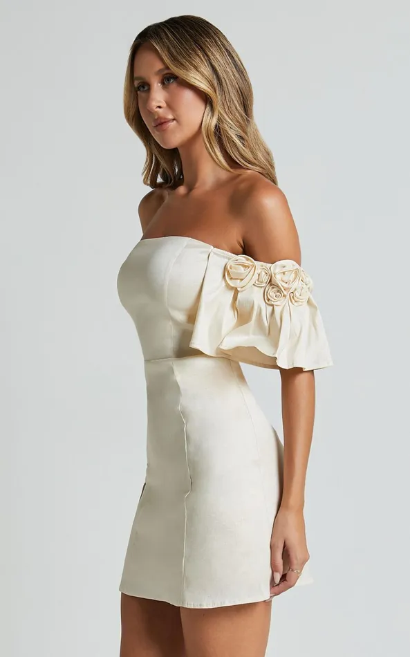 Showpo Shauna Mini Dress 8211 Off Shoulder Rosette Detail A Line In Oyster Women Dresses