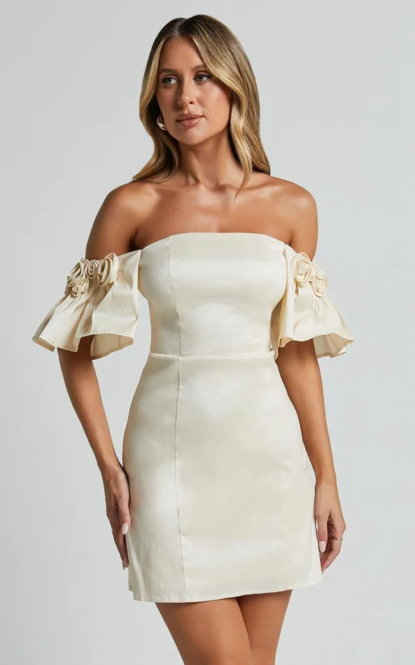 Showpo Shauna Mini Dress 8211 Off Shoulder Rosette Detail A Line In Oyster Women Dresses
