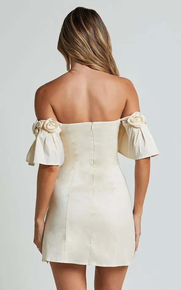 Showpo Shauna Mini Dress 8211 Off Shoulder Rosette Detail A Line In Oyster Women Dresses