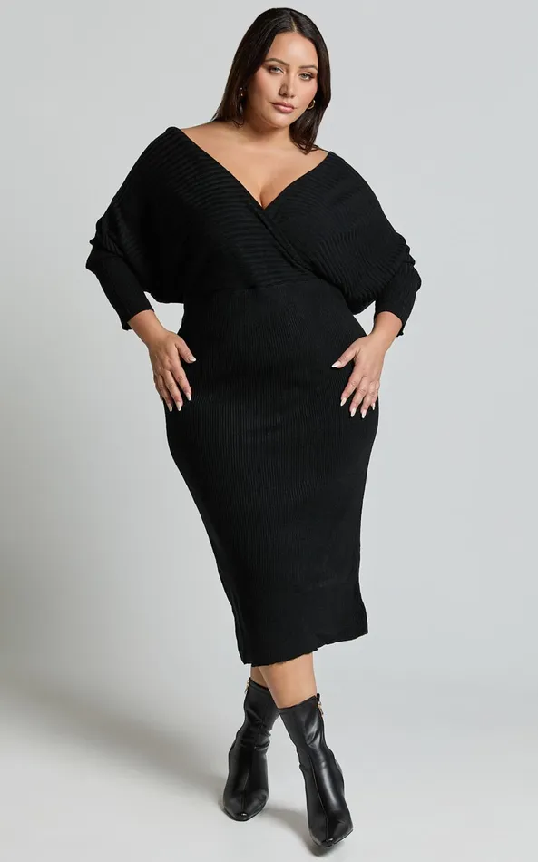 Showpo Sheika Midi Dress 8211 Long Sleeve Off Shoulder Knit Dress In Black Women Curve Clothes