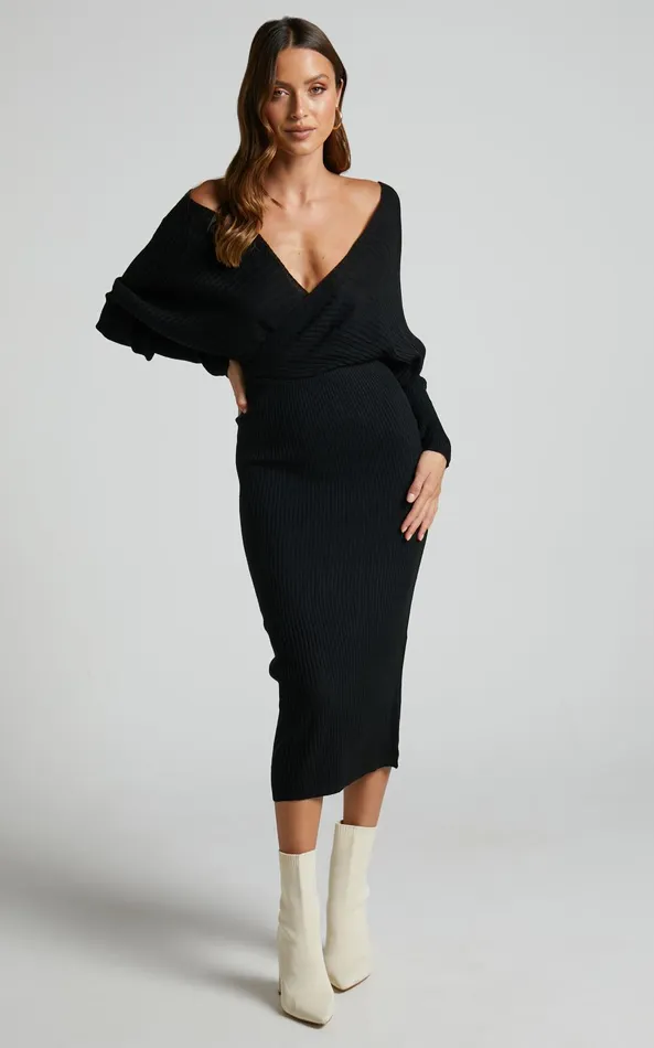 Showpo Sheika Midi Dress 8211 Long Sleeve Off Shoulder Knit Dress In Black Women Curve Clothes