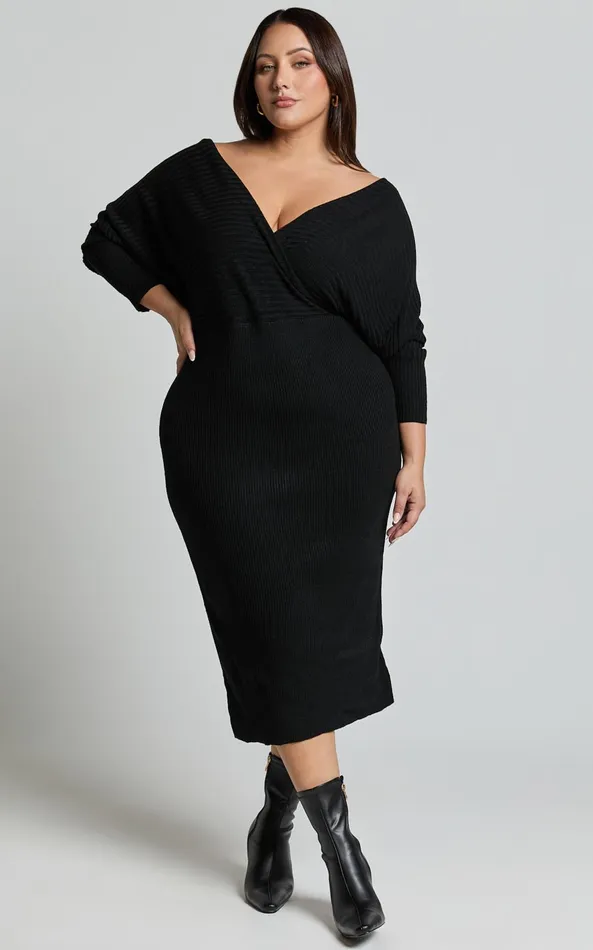 Showpo Sheika Midi Dress 8211 Long Sleeve Off Shoulder Knit Dress In Black Women Curve Clothes